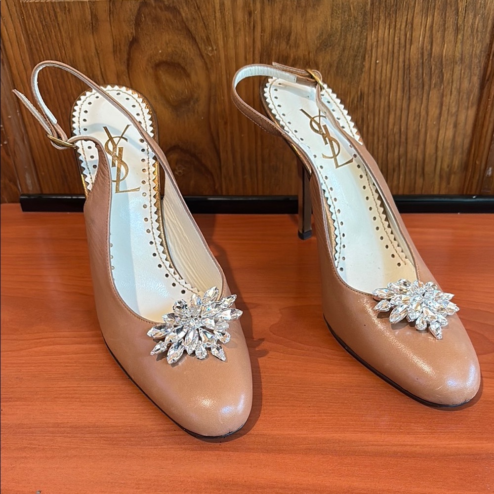 Yves Saint Laurent Tan Slingback Heels with Crystal Embellishment